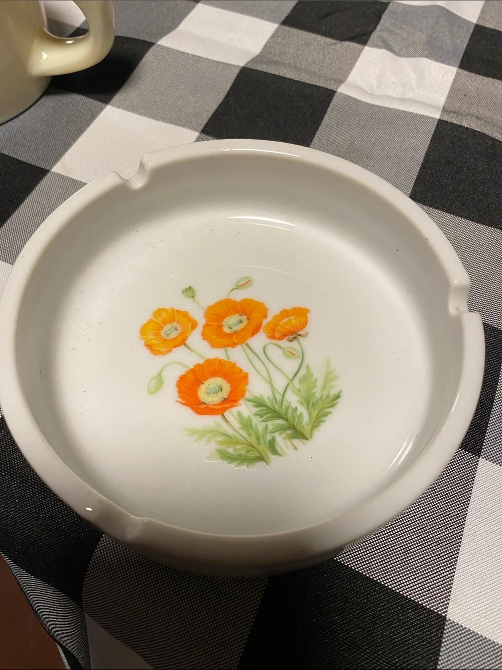 Vintage White Ceramic Ashtray with Orange Floral Design